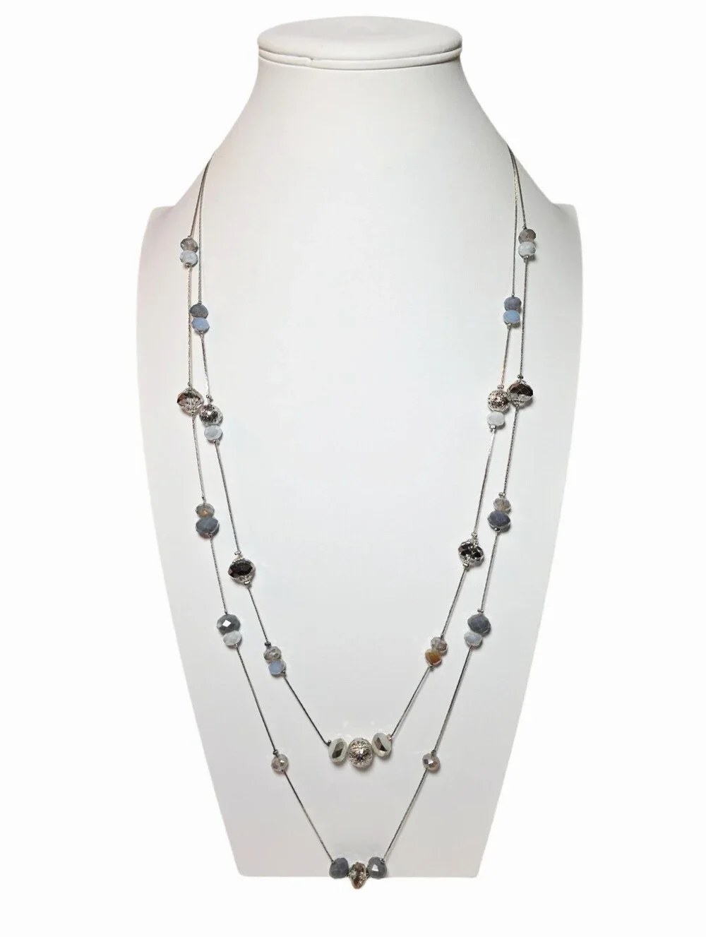 Multi-Tone Faceted Gray & Iridescent & Silver Bead Two Strand Long Necklace